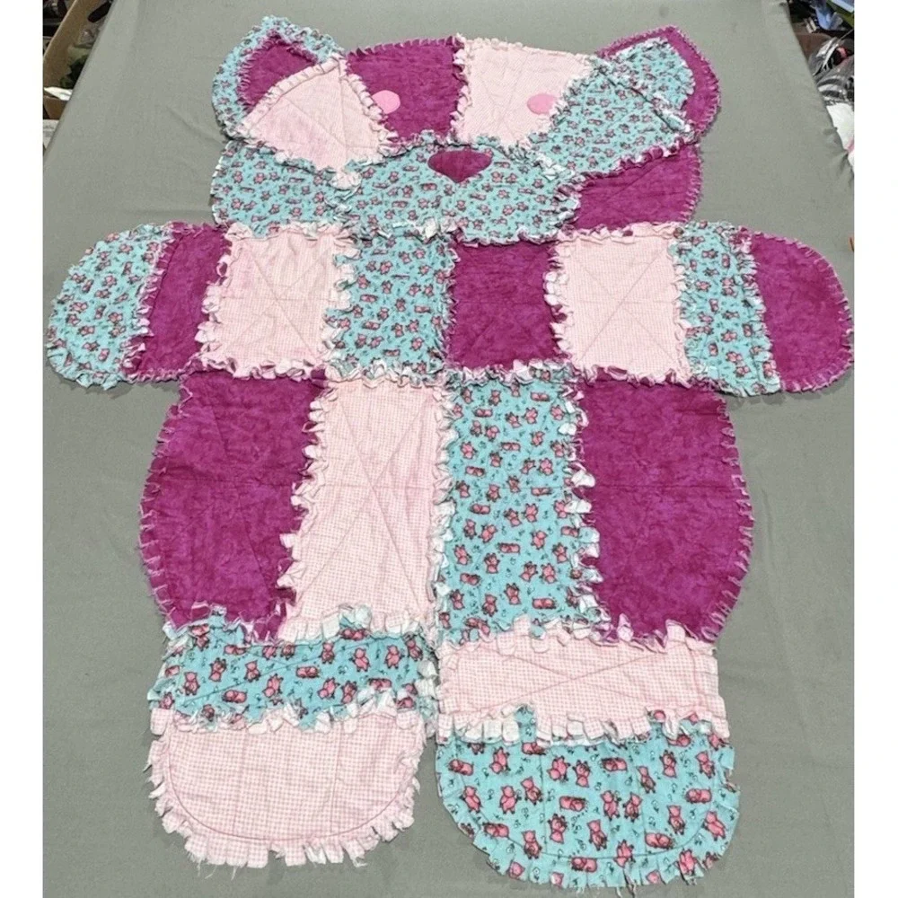 Handmade Pig Baby Blanket Lot w Douglas Pig Plush Pink Teal Rag Quilt